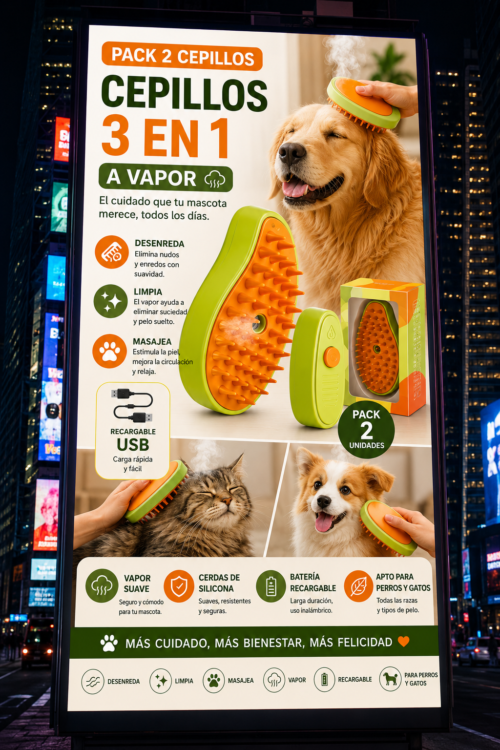 (Pack oferta) 2 Cepillos a vapor 3 en 1 🐶🐱. (Limpia ,desenreda y masajea. Perros y Gatos)